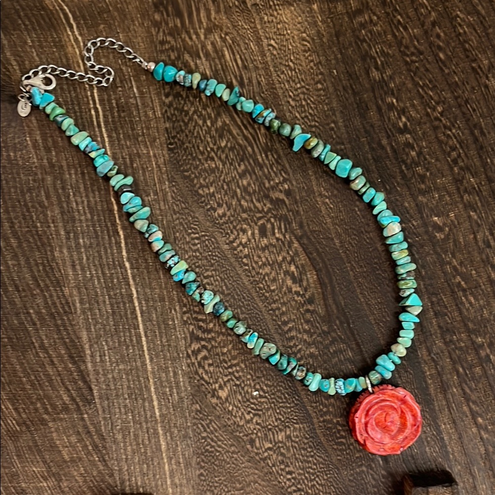 Turquoise and Red Rose Necklace